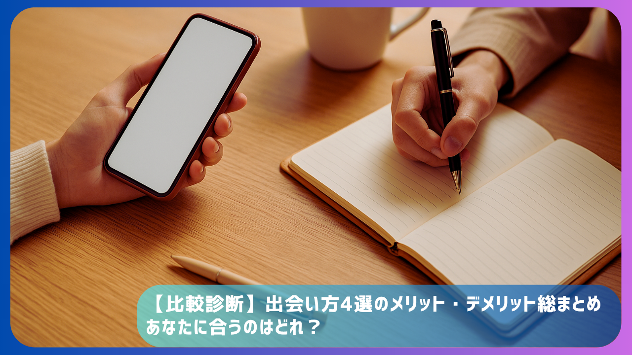 スマートフォンを持つ手と、ノートにペンで書き込もうとする手元の写真。出会い方を比較・診断する記事をイメージしたアイキャッチ画像。