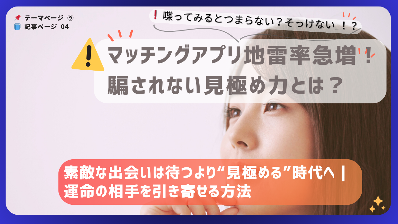 見極め力の大切さを伝えるマッチングアプリ特集のアイキャッチ画像。真剣な表情の女性と注意アイコン入り