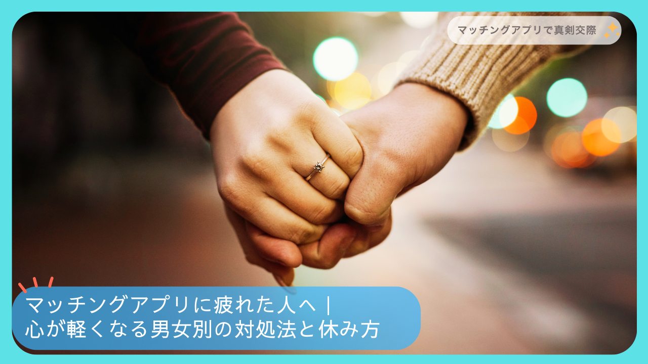 指輪をしたカップルが手をつなぎ合う様子を捉えた画像。マッチングアプリに疲れた心を癒す温かい雰囲気のアイキャッチ。